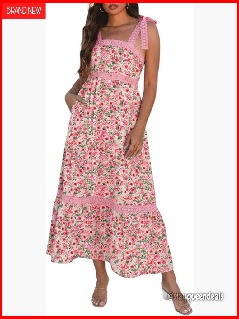 Women Sleeveless Lace Strap Empire Waist A Line Maxi Dress With Pockets